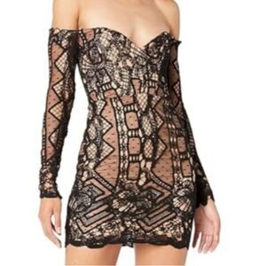 Bardot Black and Cream Lace Off-Shoulder Mini Dress